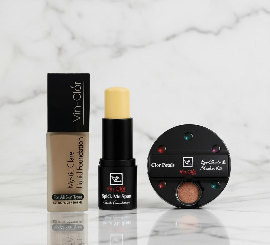 Mystic Glare Liquid Foundation Limited-Edition + Spick Me Span Stick Foundation With FREE Color Petals Eye Shade & Blusher Kit Combo